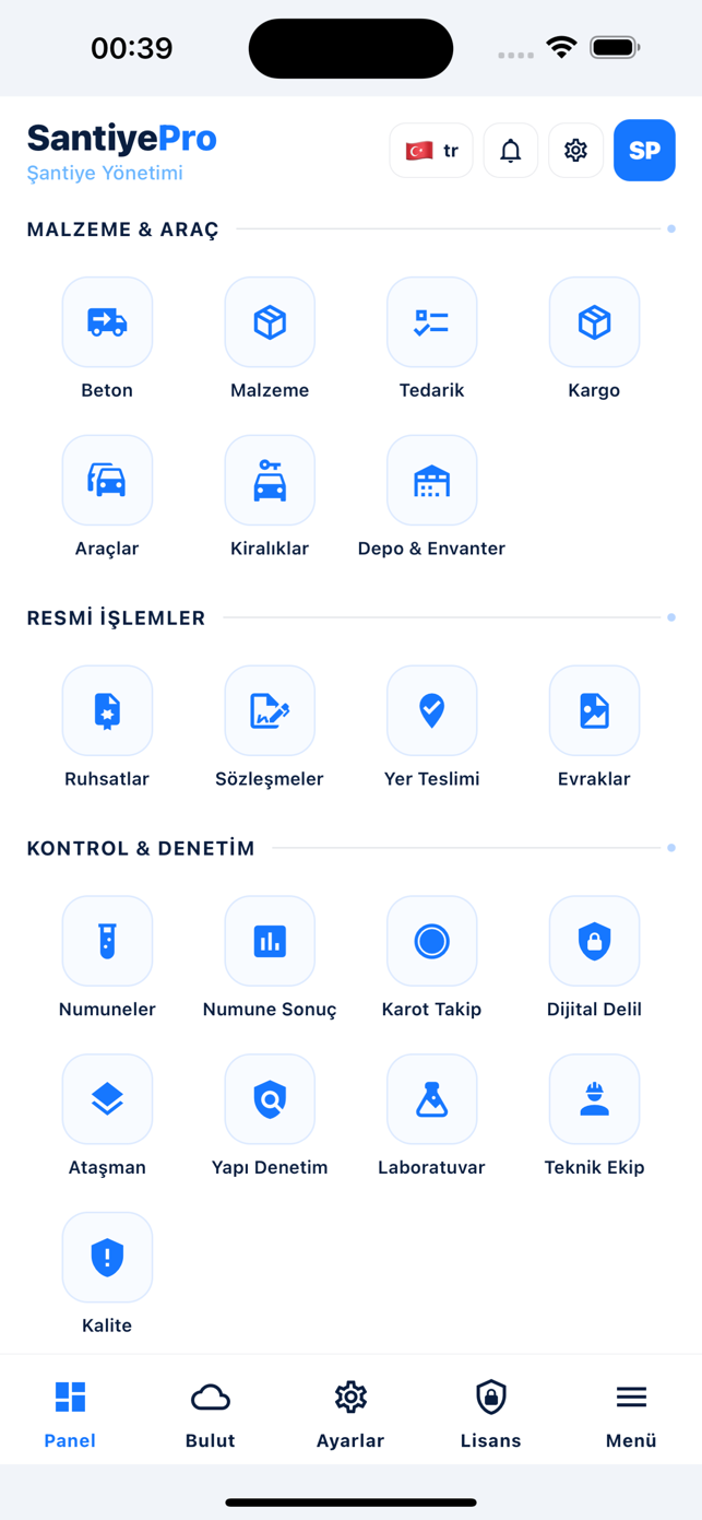 SantiyePro menü ekranı: malzeme araç tedarik kargo ruhsat sözleşme ve kontrol denetim modülleri ikon ızgarası