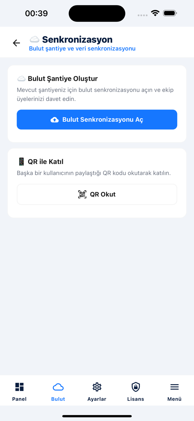 SantiyePro bulut senkronizasyon ekranı: bulut şantiye oluştur ve QR kod ile ekibe katıl seçenekleri